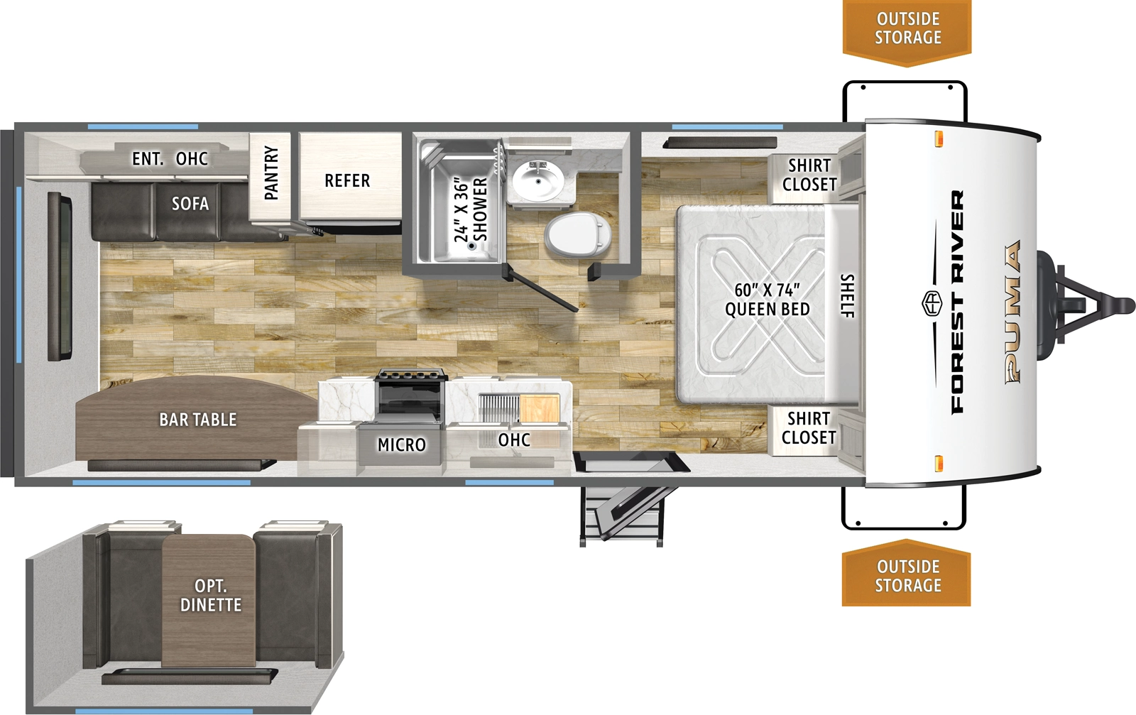 The Puma Camping Edition 20RLCE floorplan has one entry and zero slide outs. Exterior features include: metal exterior and 15' awning. Interiors features include: front bedroom.